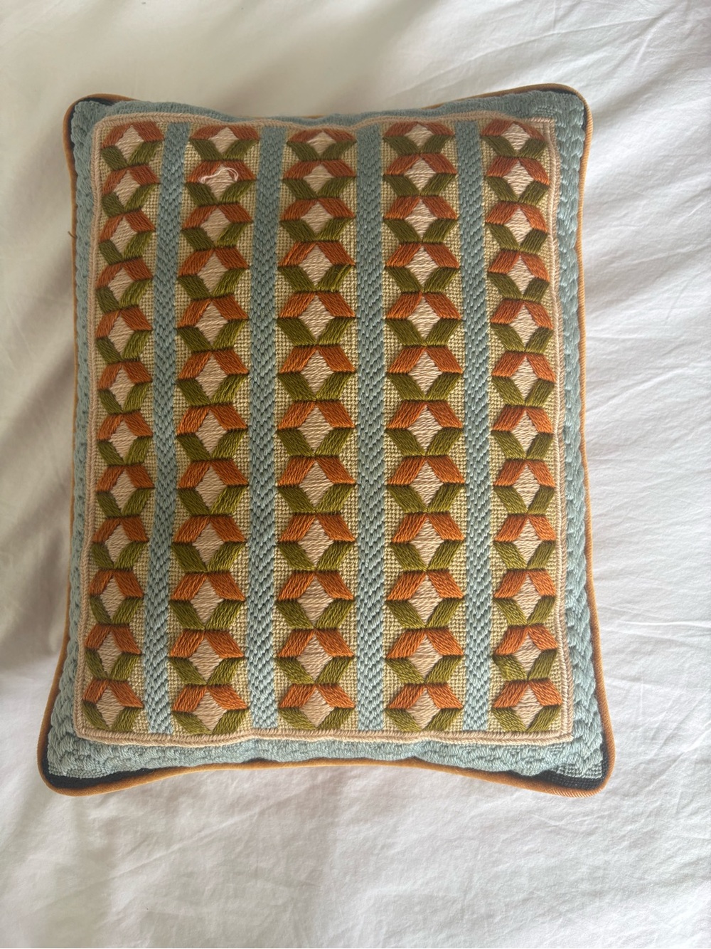 Vintage 1960s Handmade Needlepoint Pillow Geometric Wool Orange Velvet 16x13 MCM